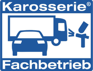 Symbol eines Autos, eines Lastwagens und einer Spritzpistole mit dem Text Karosserie Fachbetrieb darüber und darunter.